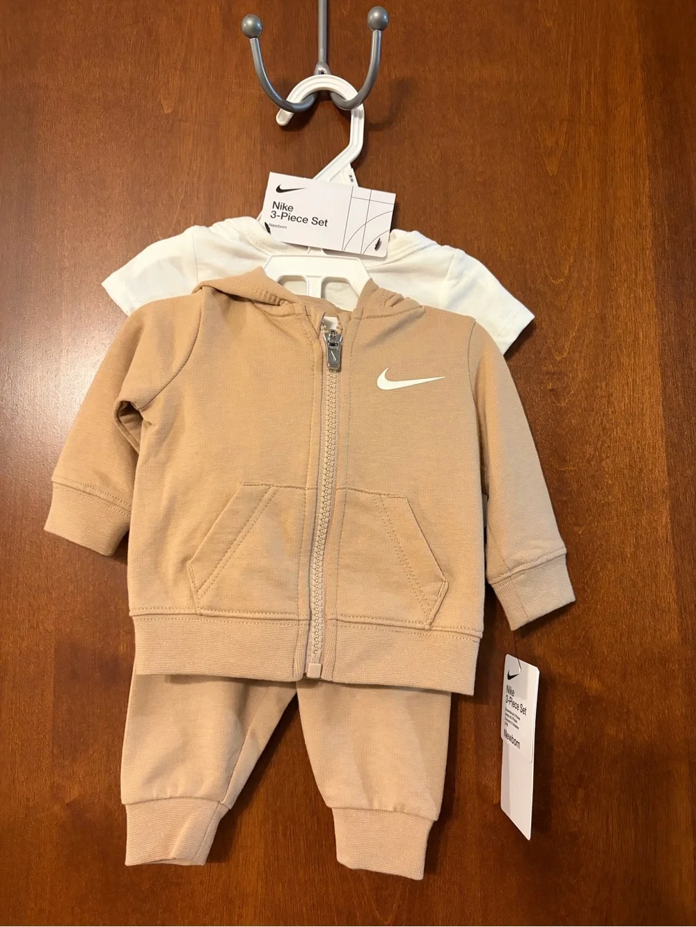 Nike Tan “Hemp” & White Newborn Hoodie, Pants & Bodysuit Set - baby shower gift